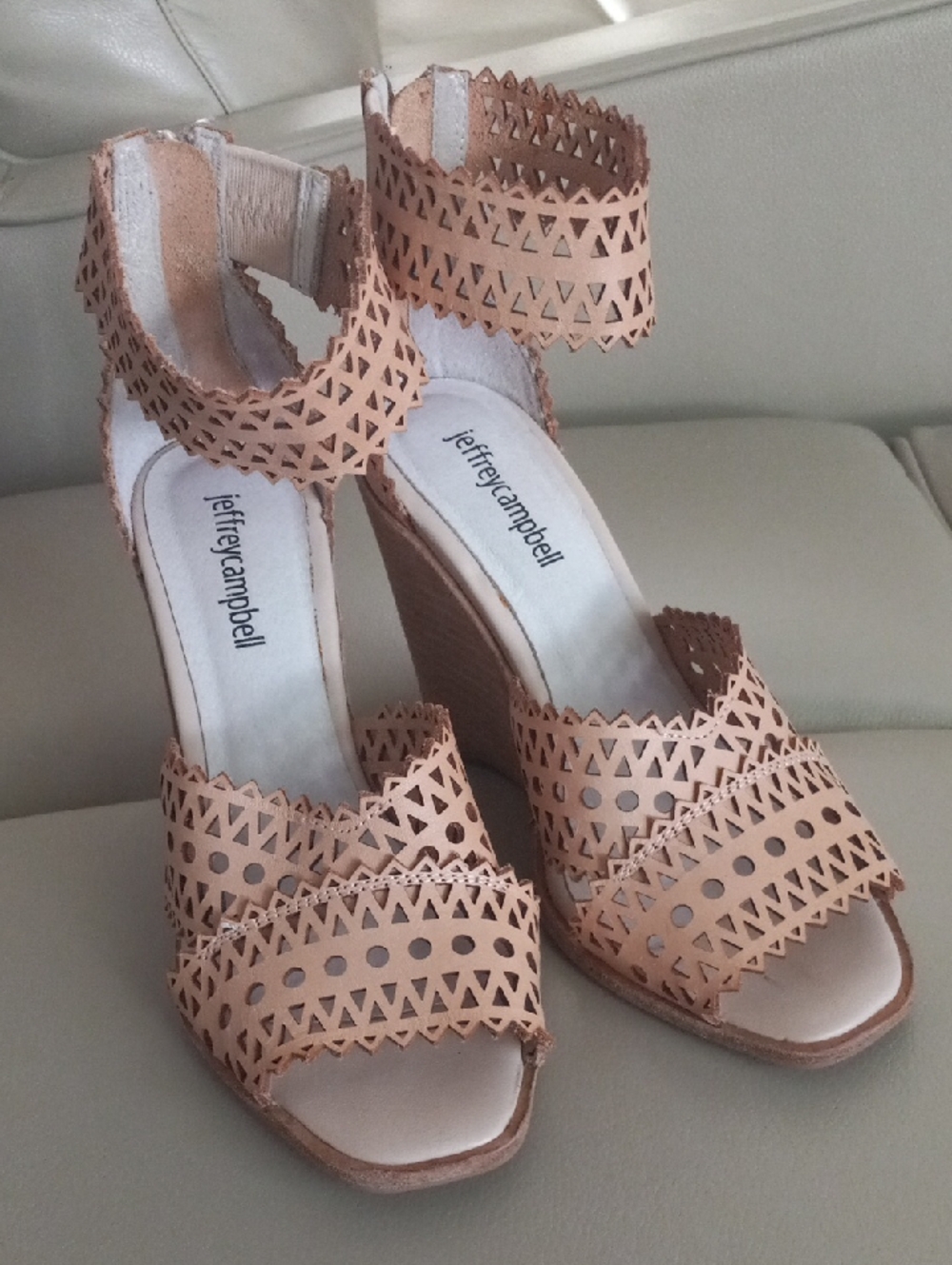 Jeffrey Campbell Nude Laser-Cut Ankle-Strap Wedge Sandals Size 7 - Picture 5 of 17